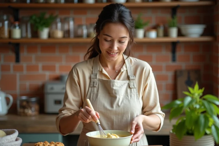 Femme préparant une mayonnaise maison en fouettant énergiquement dans un bol en céramique sur un plan de travail en bois de cuisine rustique