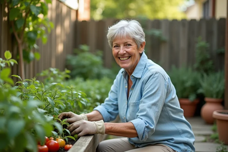 Femme retraitée souriante qui jardine dans son potager, symbole d'une retraite active et épanouie