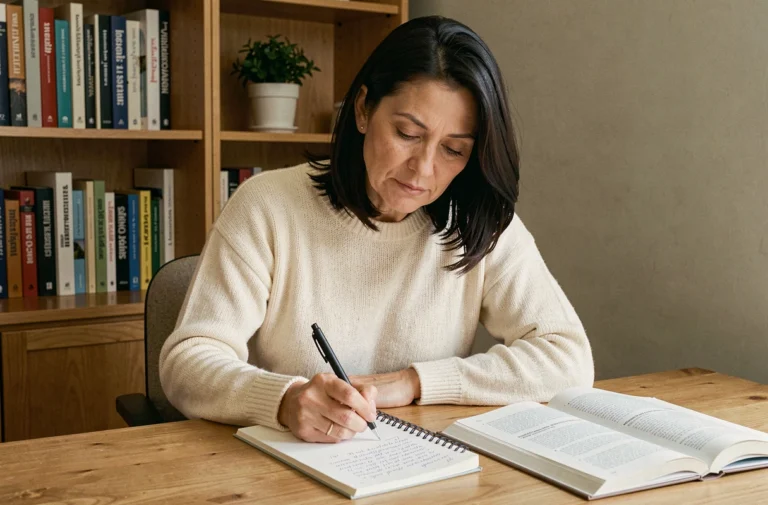 Femme écrivant dans un cahier en révisant les règles d'orthographe du français, différence entre appui et appuie