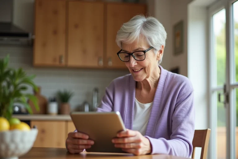 Femme senior lisant des informations pratiques sur une tablette dans sa cuisine, illustrant les ressources numériques pour bien vieillir