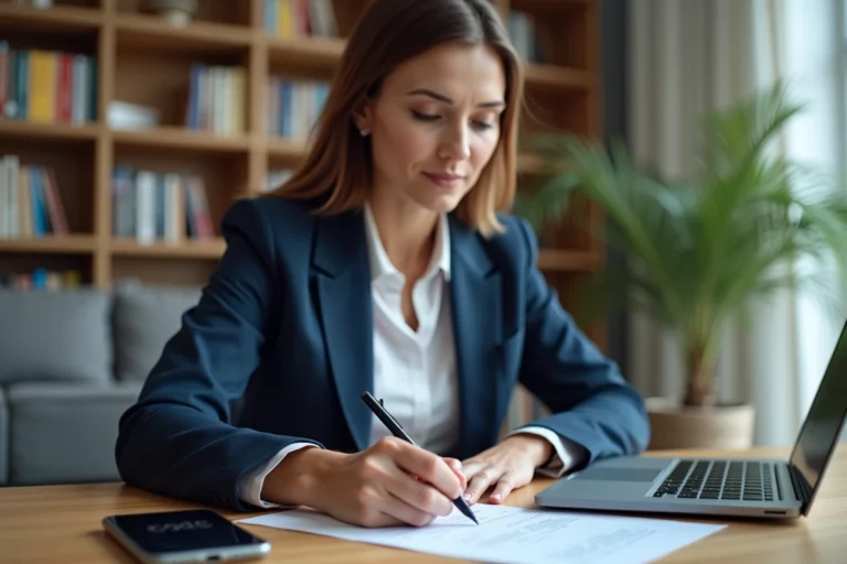 Femme professionnelle signant un document électronique sur ordinateur portable dans un bureau à domicile moderne