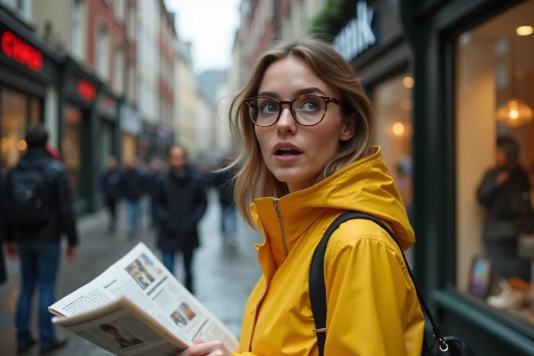 Femme surprise lisant un journal insolite dans une rue urbaine européenne sous la pluie