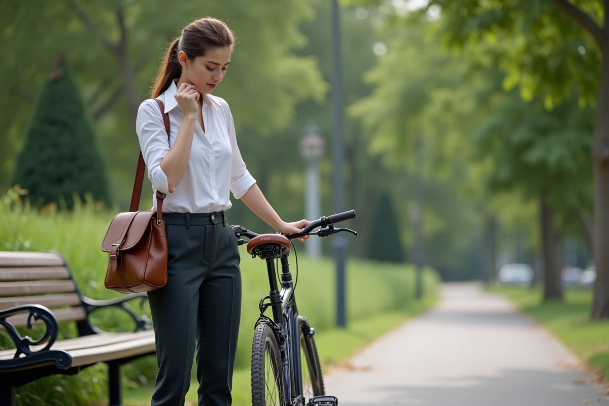 Jeune femme ajustant sa selle de vélo dans un parc