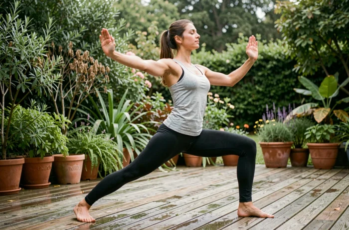 Femme pratiquant le yoga en plein air sur une terrasse en bois entourée de verdure, illustration d'une routine santé matinale