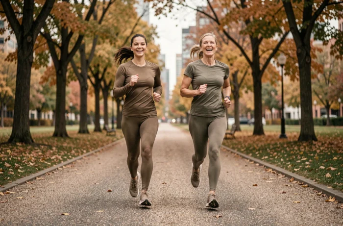 Deux femmes faisant du jogging ensemble dans un parc urbain en automne, illustrant les bienfaits de l'activité physique régulière pour la santé