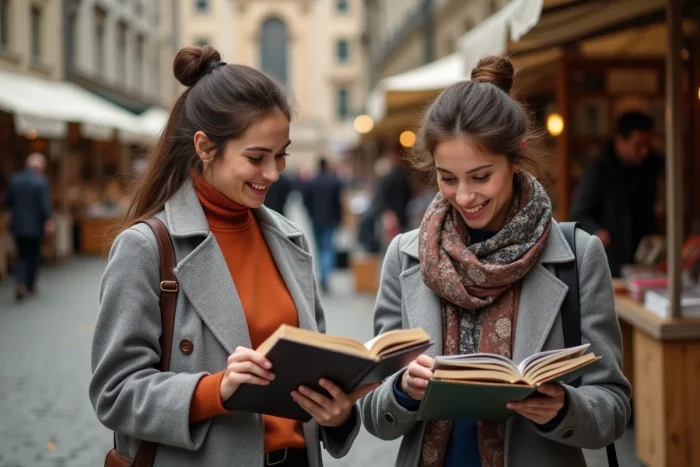 Deux femmes parcourant des vinyles et livres d'art sur un marché culturel en plein air