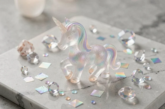 Figurine licorne cosmique en résine irisée posée sur marbre avec cristaux holographiques et confettis dorés