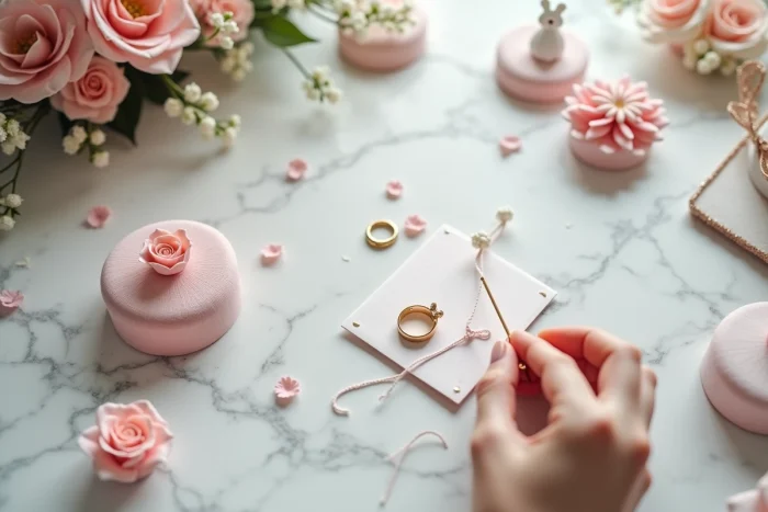 Mise en scène de stop-motion animé avec détails miniatures de mariage arrangés sur marbre blanc pour un film d'animation
