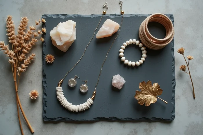 Flat lay de bijoux artisanaux en argent, résine et or posés sur une surface en ardoise avec des plantes séchées