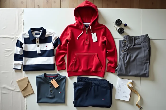 Flat lay de vêtements Tommy Hilfiger avec étiquettes de taille visibles et mètre ruban pour guide des tailles