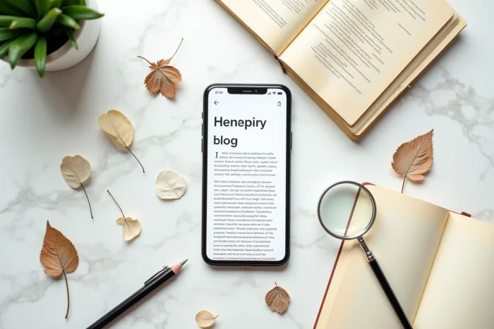 Vue de dessus d'un smartphone affichant un blog scientifique entouré de spécimens botaniques, d'une loupe et de notes de terrain sur une surface en marbre blanc