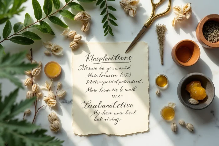 Composition flat-lay de trésors botaniques naturels incluant des capsules de graines séchées, des feuilles de fougère pressées, des huiles essentielles et une carte de recette manuscrite sur marbre blanc patiné