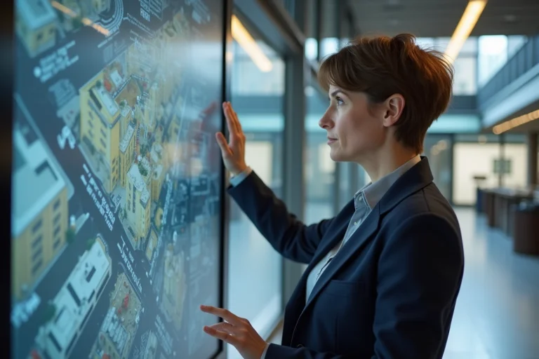 Fonctionnaire municipale utilisant un kiosque numérique interactif dans un hôtel de ville modernisé pour la transformation numérique des collectivités locales