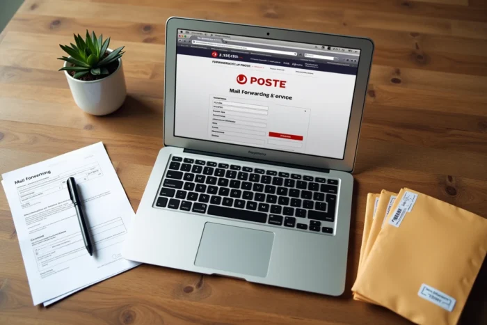 Vue aérienne d'un formulaire de réexpédition de courrier et d'un ordinateur portable avec le service en ligne de La Poste