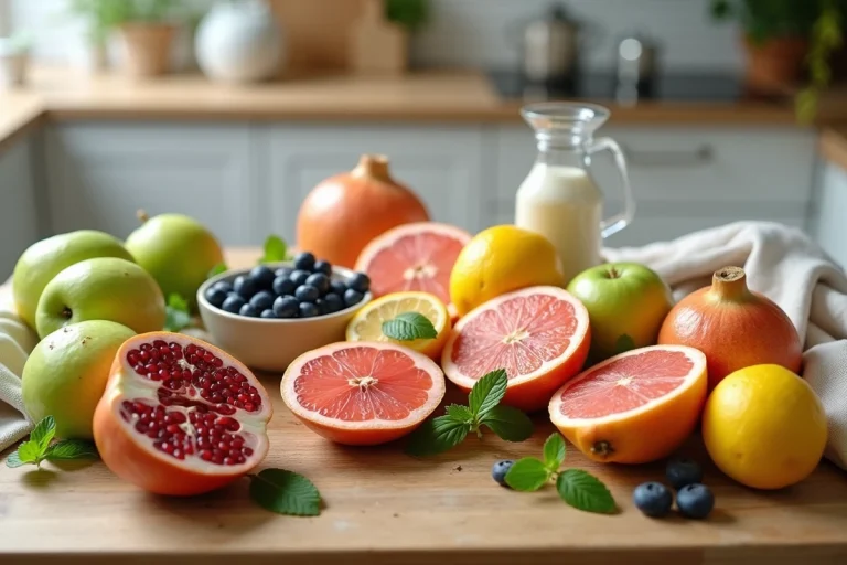 Assortiment de fruits détox frais sur une table en bois dans une cuisine scandinave, avec pamplemousse, citron, myrtilles et grenade