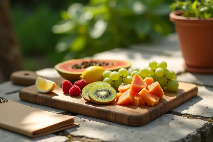 Plateau de fruits détox tropicaux tranchés sur une planche en bois rustique dans un jardin ensoleillé