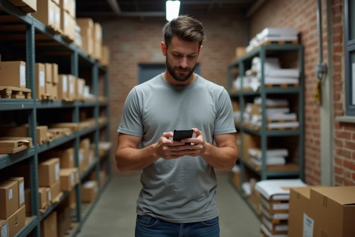 Gérant de petite entreprise analysant les tarifs professionnels d'une plateforme d'annonces sur smartphone dans un entrepôt