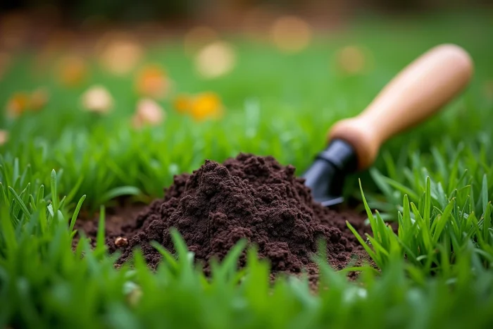 Gros plan d'un engrais organique compost posé sur un gazon vert avec une truelle en bois