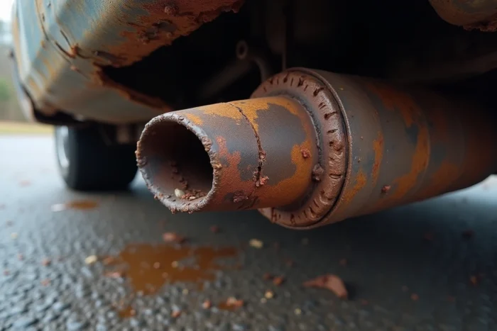 Gros plan d'un pot d'échappement rouillé avec des fissures et des traces de suie révélant une fuite