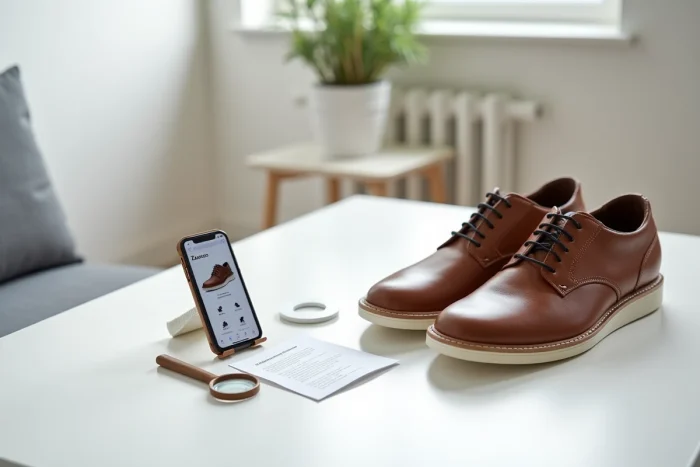 Gros plan sur une paire de baskets en cuir posée près d'un smartphone Zalando et d'une loupe pour vérifier l'authenticité