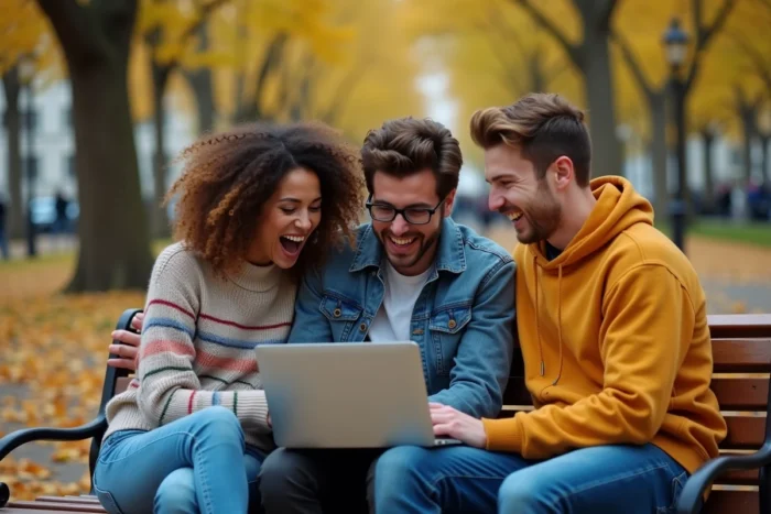 Groupe de jeunes adultes réagissant avec surprise à des actualités insolites dans un parc en automne