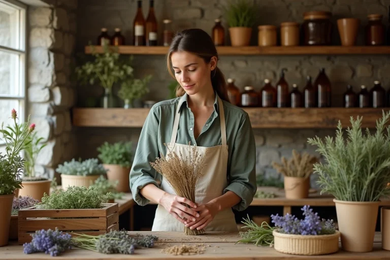Femme herboriste arrangeant des plantes séchées et des spécimens botaniques dans une boutique rustique aux murs en pierre et étagères remplies de bocaux en verre ambré