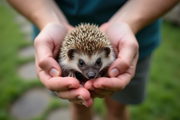 Hérisson stressé tenu dans les mains d'un adulte au jardin, épines levées et posture crispée lors d'une manipulation