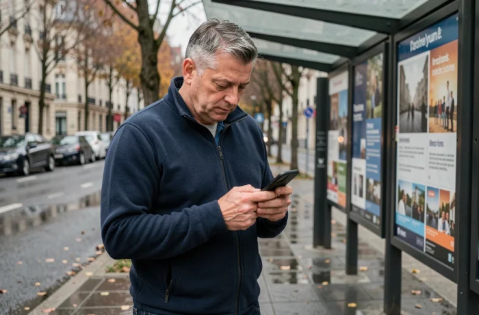 Homme consultant l'actualité locale sur son smartphone à un arrêt de bus en ville en automne