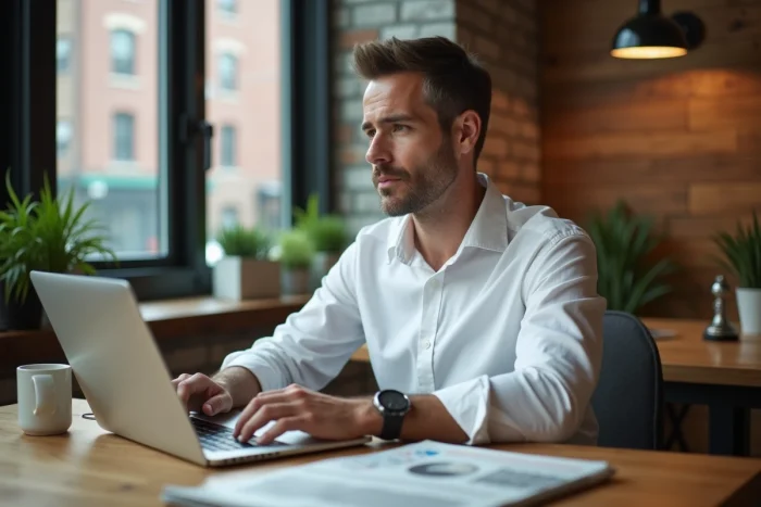Homme d'affaires concentré travaillant sur son ordinateur portable dans un espace de coworking chaleureux, incarnant la réussite professionnelle et les nouvelles pratiques du business moderne