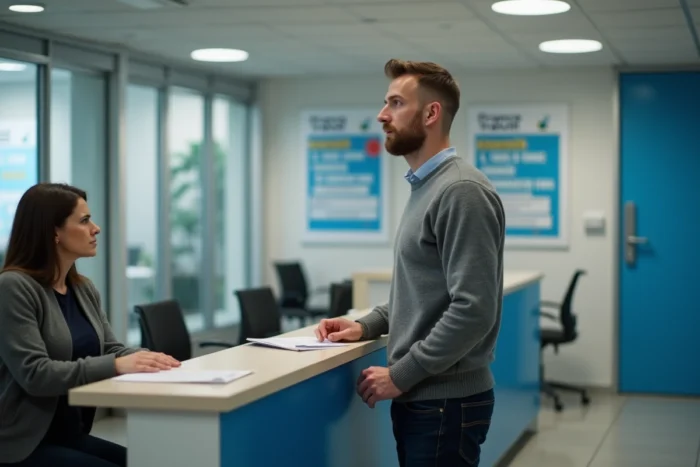 Homme en agence France Travail discutant d'un problème de versement avec un conseiller