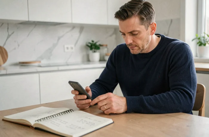 Homme consultant une application de finances personnelles sur smartphone avec un carnet de budget à la cuisine