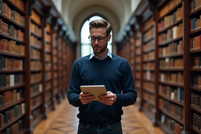 Homme consultant une liste de ressources scientifiques sur une tablette dans une bibliothèque universitaire avec des étagères remplies de livres académiques