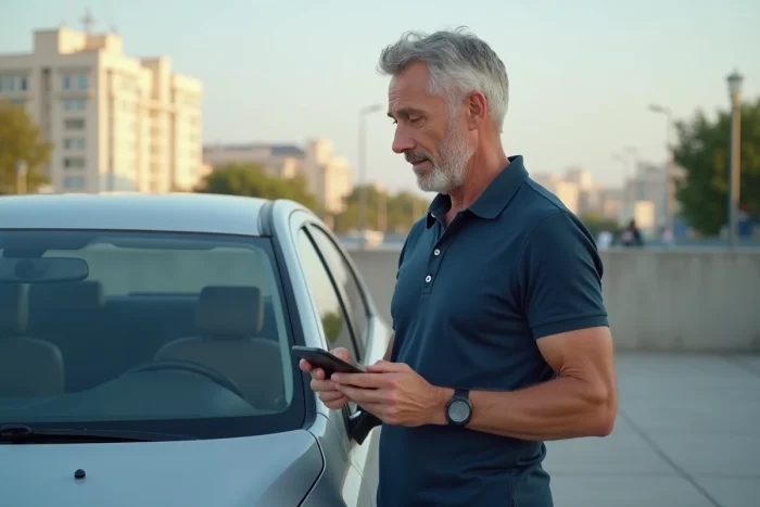 Homme comparant des offres d'assurance auto sur smartphone à côté de sa voiture en ville