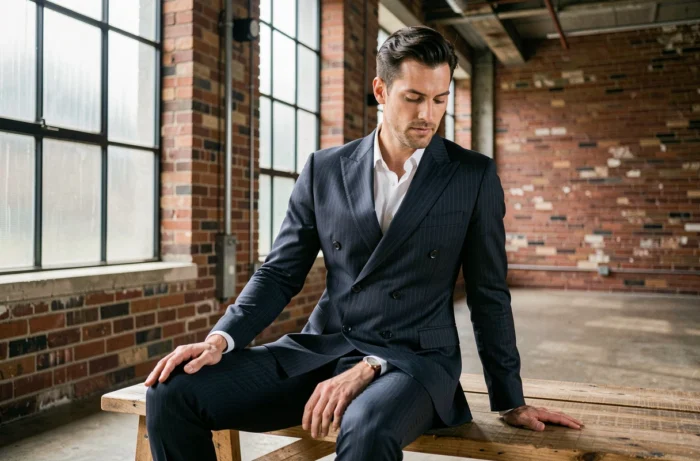 Homme en costume marine à fines rayures assis dans un loft industriel, tendances mode masculine contemporaine