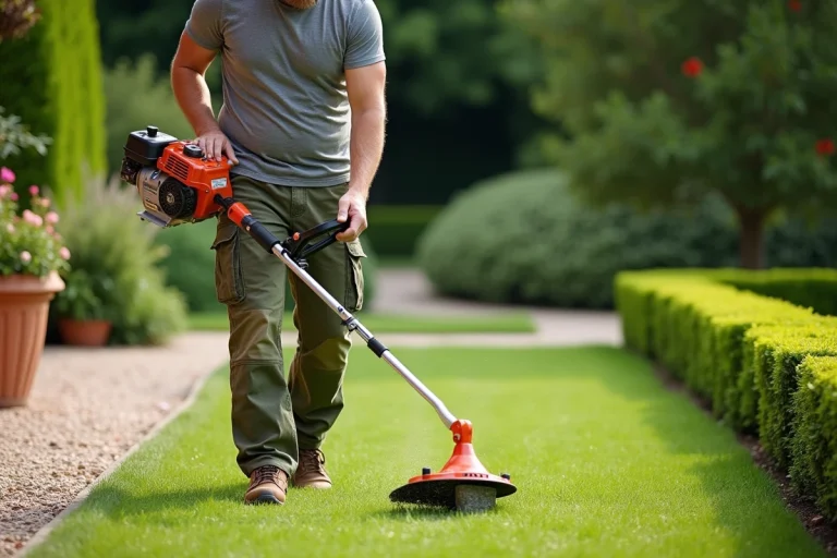 Homme utilisant un coupe-bordures thermique pour entretenir les bordures d'une pelouse résidentielle soignée