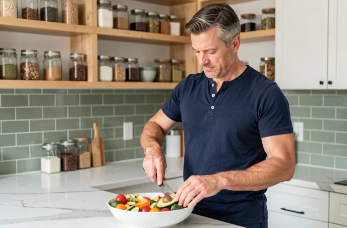 Homme préparant un bol de légumes frais dans une cuisine moderne, représentant de bonnes habitudes alimentaires pour rester en forme