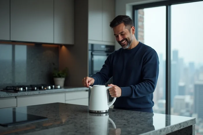 Homme soulevant le couvercle d'une bouilloire blanche pour vérifier la cuisson du riz dans une cuisine urbaine contemporaine