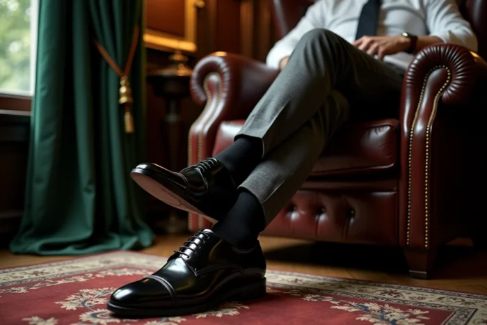Homme élégant en costume gris charbon portant des derbies en cuir verni noir dans un club privé au décor raffiné