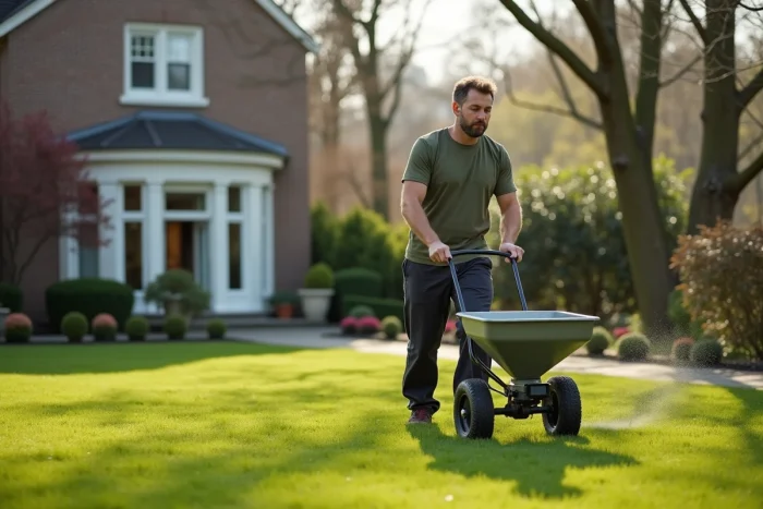 Homme utilisant un épandeur à gazon pour distribuer un engrais naturel dans un grand jardin