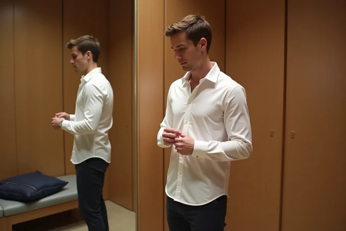 Homme essayant une chemise Tommy Hilfiger en cabine d'essayage pour vérifier le tombé et la taille