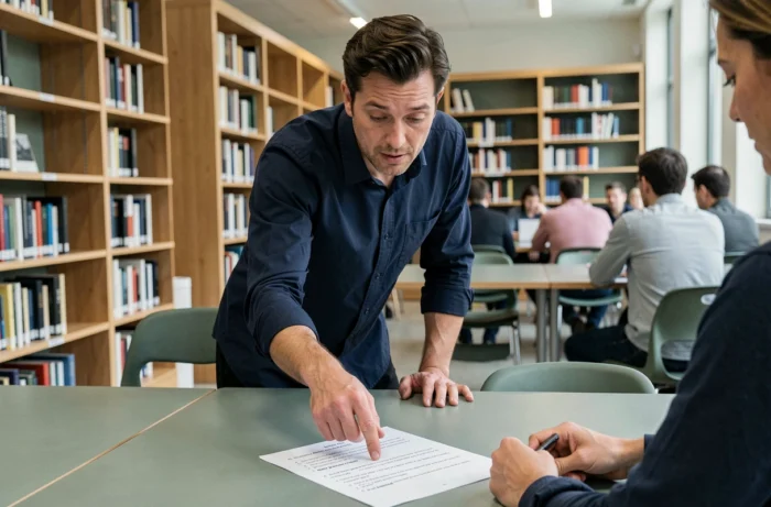 Homme expliquant une règle de grammaire française sur la distinction entre appui et appuie dans une bibliothèque moderne