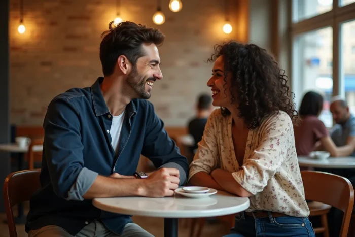 Un homme et une femme en conversation intime dans un café parisien, illustrant l'expression affectueuse 'ma belle'