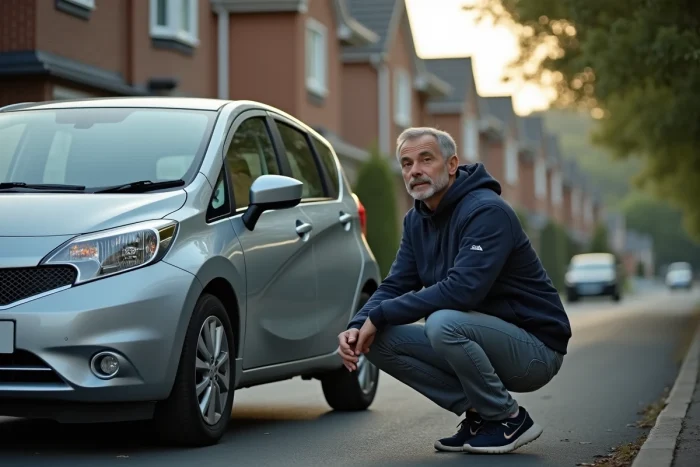Homme inspectant une voiture compacte de 90 chevaux garée dans une rue résidentielle