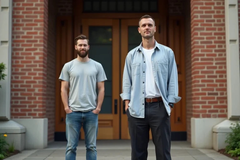 Comparaison de taille entre un homme d'une grande taille exceptionnelle et un homme de taille moyenne devant un bâtiment en briques