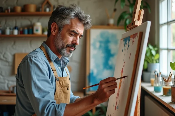 Homme peignant sur une toile dans son atelier à la maison, s'adonnant à sa passion artistique lors de ses loisirs