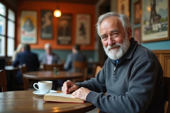 Homme retraité lisant un livre dans un café de quartier, illustration d'une retraite sereine et culturellement active
