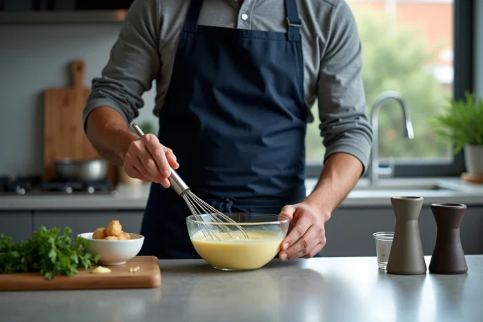 Homme en tablier de chef choisissant un fouet ballon en inox dans un pot à ustensiles pour réaliser une mayonnaise maison dans une cuisine moderne