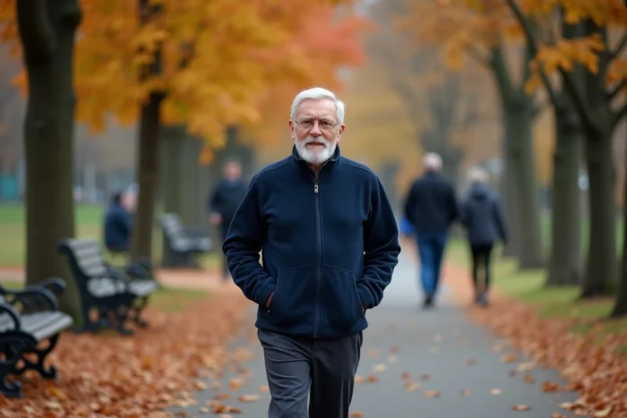 Homme senior actif marchant dans un parc en automne, symbolisant une bonne santé physique et un mode de vie épanoui pour les personnes âgées