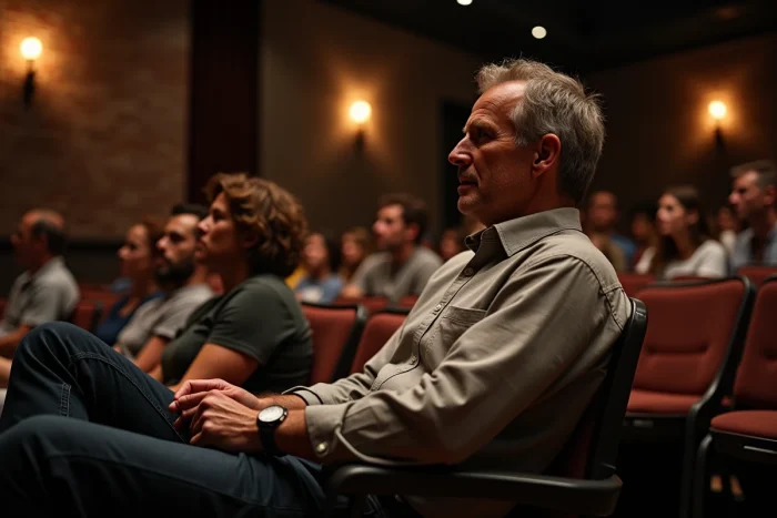 Homme attentif assistant à une représentation théâtrale dans une salle de spectacle intimiste