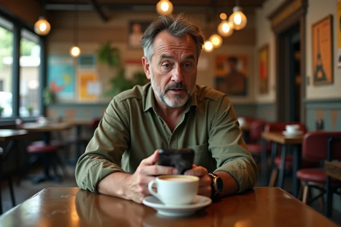 Homme stupéfait découvrant une actualité insolite sur son smartphone dans un café